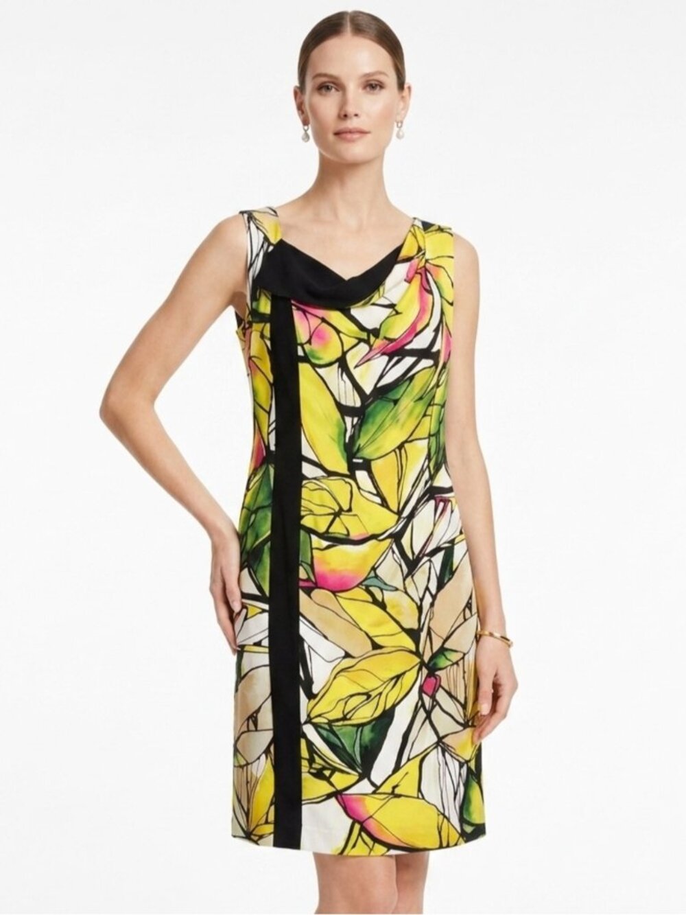 ESCADA Vibrant Leaf Print Cowl Neck Sheath Dress w/Belt 100% Silk Size 12 /INT42